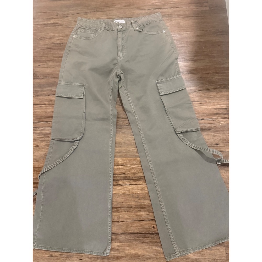 Zara Womens 10 Cargo Pants Wide Leg Olive Gray Utility Straps Y2K Baggy